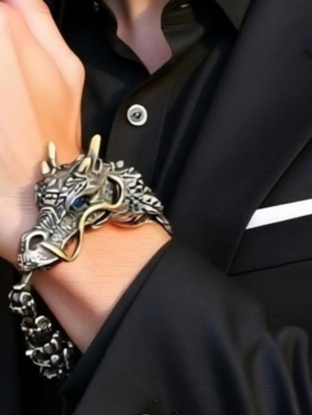 Men's Silver Dragon Head Chain Bracelet - Fashion Accessory Articulated Serpent